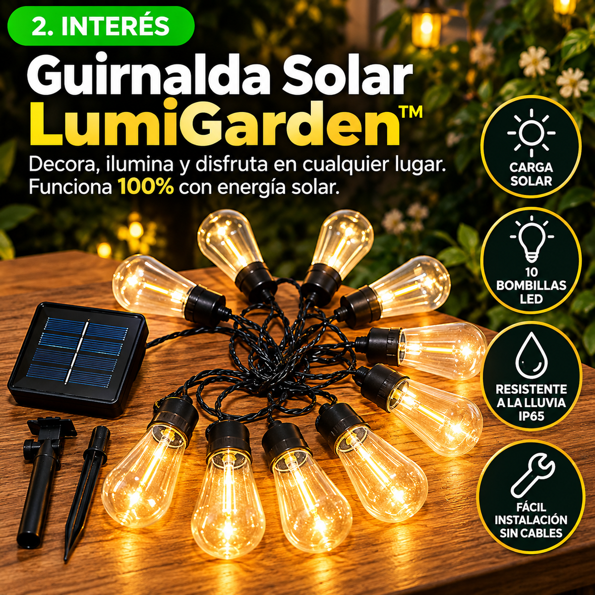 LumenGarden™ - Guirnalda Solar 10m - 10 ampolletas